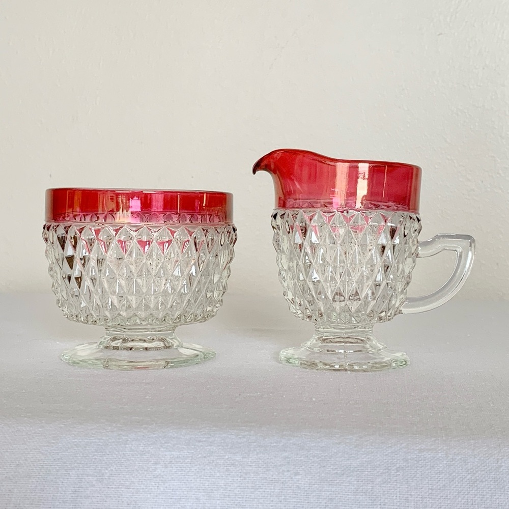 Indiana Glass Vintage Diamond Point Ruby Red Flashed Sugar & Creamer Set